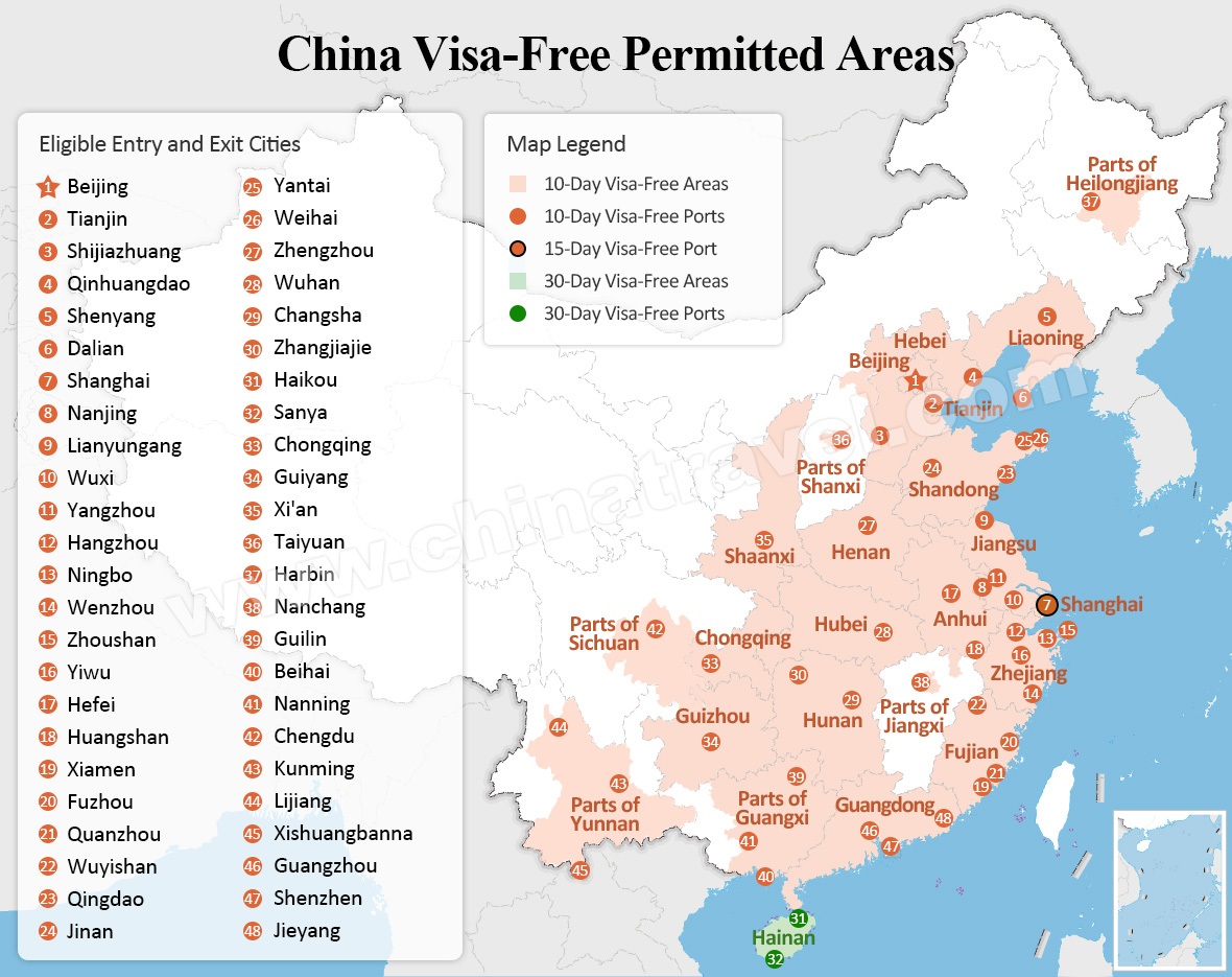The image features a map of China highlighting visa-free areas, ports, and cities with labels and legend, emphasizing cross-border travel policies and expansion in 2025.